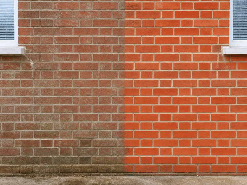 Cleaning: Red brick wall partly cleaned to remove light weathering and algae before waterproofing