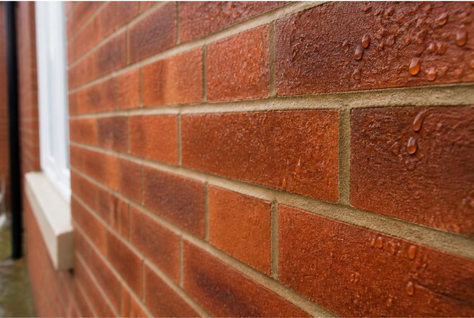 Rainwater beading on red brickwork treated with a breathable water-repellent cream.