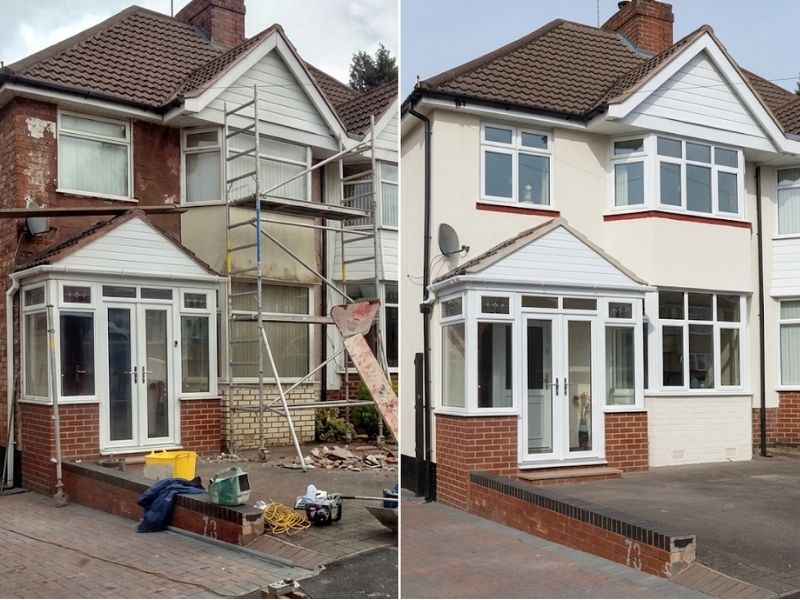 Before and after house rendering on a semi-detached home, with smooth grey render applied to the front gable and porch arch
