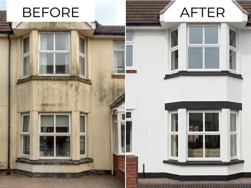 Before and after render renovation on a bay-fronted house, with stained, algae-covered render replaced by a clean white finish