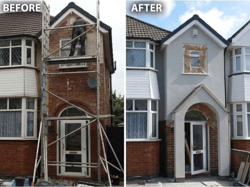 Before and after house rendering on a semi-detached home, with smooth grey render applied to the front gable and porch arch
