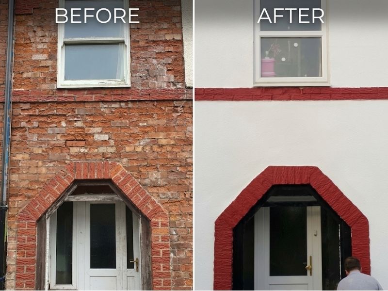 Before and after rendering a brick wall, with weathered brickwork finished in smooth white render and red brick detailing